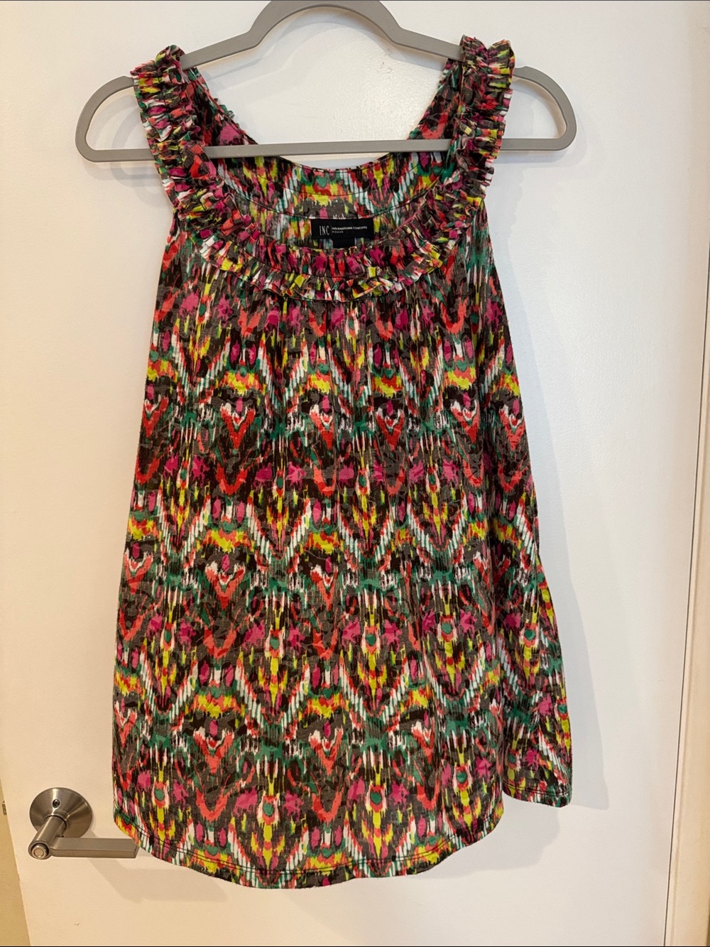 INC International Concepts Pink Green Yellow Multicolor Ruffle Tank